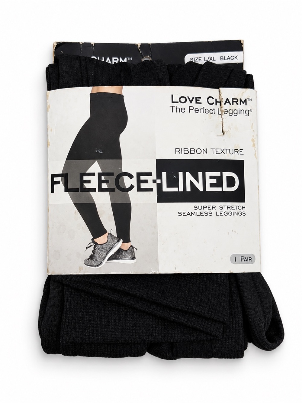 Love Charm Fleece-Lined Black Leggings - Ribbon Texture